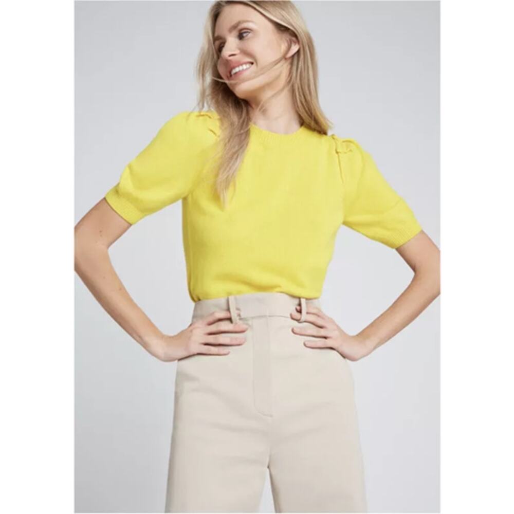 G LABEL by Goop Womens Shelby Sweater Top Cashmere Puff Sleeve Yellow Size M